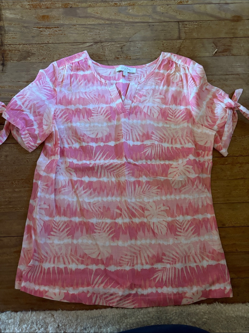 Coral Bay Pink and White Palm Tie-Dye Short Sleeve Blouse